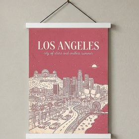 Resim Los Angeles Line Art Print - Pink Hollywood Sign Downtown Skyline Wall Art - With Hanger - White / 12 x 16" (30x40 cm) 