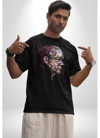 Resim İnsan Kafası Sulu Boya Pamuklu Bisiklet Yaka Unisex Oversize Boyfriend Dijital Baskılı Siyah T-shirt Siyah 