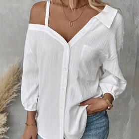 Resim Kadınların Omuz Üstü Dokulu Düğmeli Gömlek - Uzun 3/4 Kollu Rahat Bluz, Beyaz, Bahar/Yaz için Mükemmel, Rahat Kıyafet| Omuz Üstü Moda| Tek Düğmeli Düğme 