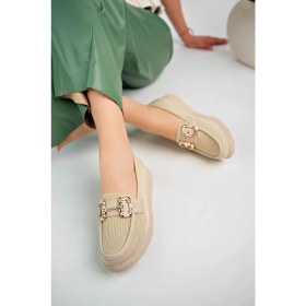 Resim Beyaz (Shoes) Anatomik Tasarım Taşlı Toka Dokuma Oxford Kadın Ayakkabı Bej 