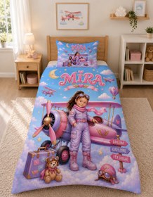 Resim Evmila Karikatüristik Pilot Temalı Nevresim Takımı - 100x150 cm Nevresim ( Bebek Boy Özelleştirilmiş ) + 35x45 cm Yastık Kılıfı 