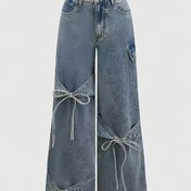 Resim Şık Fiyonk Detaylı Kadınlar için Vintage Esintili Geniş Paça Kot Pantolon - Rahat Kesim, Orta Bel, Düğme Kapatmalı, Açık Mavi Yıkanmış Denim, Günlük Giyim İçin Uygun, Bayan Kotları 
