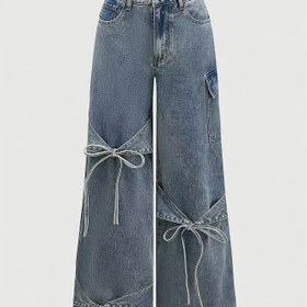 Resim Şık Fiyonk Detaylı Kadınlar için Vintage Esintili Geniş Paça Kot Pantolon - Rahat Kesim, Orta Bel, Düğme Kapatmalı, Açık Mavi Yıkanmış Denim, Günlük Giyim İçin Uygun, Bayan Kotları 