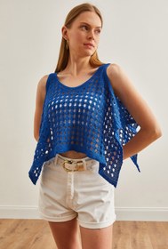 Resim Olalook Kadın Saks Mavi Ajurlu Crop Bolero Triko Bluz BLZ-19002687 