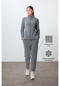 Resim Tommy Life Gri Melanj Kalın Yumuşak Dokulu Dik Yaka Oversize Nakışlı Polar Kadın Eşofman Takım -95339 GRİ MELANJ 