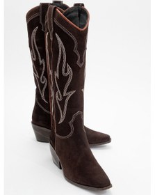 Resim Luvishoes Luvi Shoes Pietro Kahverengi Hakiki Deri Süet Kadın Western Çizme Kahve Süet 