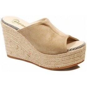 Resim Espadrilles Flash Velour Bej Süet Deri 10 Cm Hasır Tabanlı Dolgu Kadın Ayakkabı Bej 