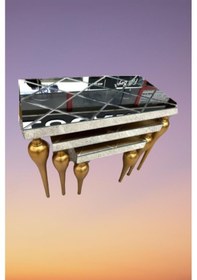 Resim Zigon TOMBUL ayak Model Kayın Torna MDF tabla Parlak gold Çizgili Füme cam AYNA El Yapımı 