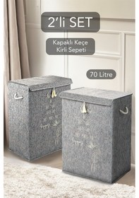 Resim 2'li Set Keçe Kapaklı Kirli Çamaşır Sepeti - Çok Amaçlı Saklama Kutusu Mega Hurç Gri 