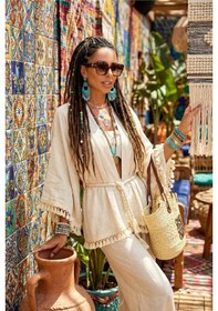 Resim Kalın Denizci Halat Kemerli Ponponlu Geniş İspanyol Flair Kol Doğal Keten Bohem Kaftan Kimono Ekru 
