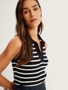 Resim Çizgili Fitilli Triko Kolsuz Polo Yaka Kazak 