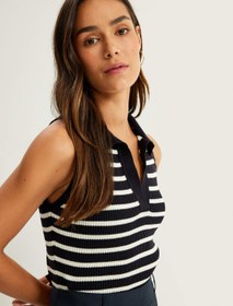 Resim Çizgili Fitilli Triko Kolsuz Polo Yaka Kazak 