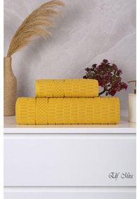 Resim Banyo Havlu Seti %100 Pamuk 2 Parça 50 90 + 90 150 Cm Soft Comfort Sarı 