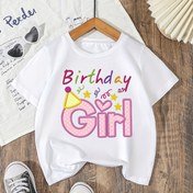 Resim Kızlar için "Doğum Günü Kız" Grafik Baskılı T-Shirt - Rahat Yaz Stili, Kısa Kollu Yuvarlak Yaka, Pembe Yıldızlarla ve Parti Şapkası Tasarımı, Yumuşak ve Rahat Kumaş, Doğum Günü Kutlamaları İçin Mükemmel, Doğum Günü Kıyafeti | Eğlenceli Grafik Tişört | Parlak Kumaş, Doğum Günü Parti Süsleri 
