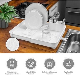 Resim Miss Collection Açılır Kapanır Bulaşıklık Tabaklık, Su Tahliye Oluklu ve Çatal Bıçak Kurutmalıklı-Modern Tasarım Plastik (Beyaz) 