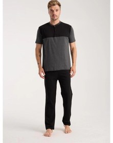 Resim Giyim Erkek Antrasit Düğmeli Yaka Kısa Kol Pijama Takımı Antrasit 