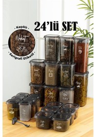 Resim Vienev 24lü Beyaz Serigrafi Etiketli Kaşıklı Peggy Kare Erzak Baharat Full Set 6x 1,75 1,2, 0,55, 0,45 Ant Şeffaf 