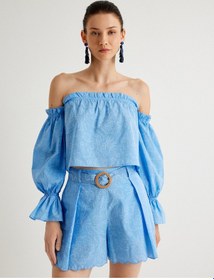 Resim Koton Koton X Melis Ağazat - Fırfırlı Crop Omzu Açık Üst Çiçekli Uzun Kollu Mavi 4sak30138pw Mavi 