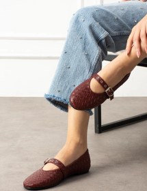 Resim Shoetek Masvi Kadın Babet Önden Bantlı Tokalı Örgü Dokumalı Bordo Deri Bordo 