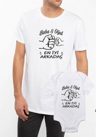 Resim En İyi Arkadaş Beyaz Baba Oğul Kız Tişört Zıbın Kombini 