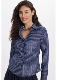 Resim Tudors Kadın Slim Fit Dar Kesim Uzun Kollu Çizgili Lacivert Gömlek-50322 