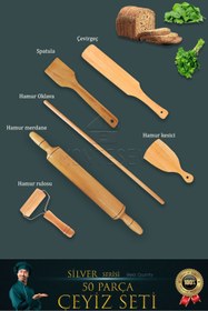 Resim MONTESEV Zambak 50 Li Ahşap Ağaç Tahta Kaşık Oklava Merdane Mutfak Bıçak Silver Serisi Çeyiz Seti 