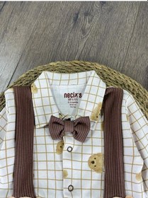 Resim Bebicix Kaşkorse Esnek Papyonlu Ayıcık Figürlü Patikli Çıtçıtlı Erkek Bebek Tulum Kahverengi 