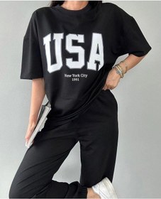 Resim Usa T-shirt Eşofman Altı Jogger- Siyah Baskılı Alt Üst Eşofman Takım Oversize Bisiklet Yaka Siyah 