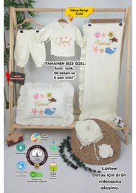 Resim Gros Shop Müslin Yeni Doğan 4katlı Organik %100pamuk Kişiye Özgü Nakışlı Hastane Çıkış Seti Okyanus Model-2 Ekru-1 
