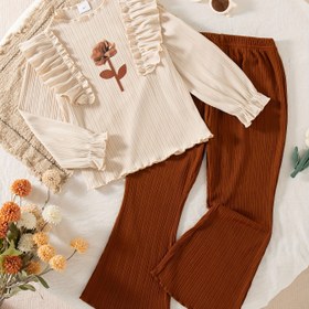 Resim Kızlar için Çiçek Desenli ve Şeftali Yaprak Patchwork Tasarım Yuvarlak Yaka Uzun Kollu Üst ve Pantolon İki Parça Takım Bahar/Sonbahar için, Dış Mekan için Mükemmel 