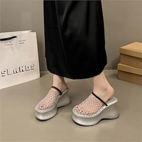 Resim Kadınlar için Jelly Mules Dokuma Şeffaf Örgü Jöle Kama Sandalet Açık Parmak Kaymaz Ortez Roma Düz Ayakkabı Retro Y2K Goth Punk Siyah Ev Terliği 