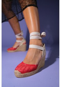 Resim Lıons Kırmızı Fileli Deri Kadın Bilekten Bağlamalı Dolgu Topuk Sandalet Kırmızı 