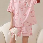 Resim Kadınlar İçin Sevimli Karikatür Ayı Pijama Takımı - Pembe Kısa Kollu Üst & Şort, Yumuşak Polyester Karışımı, Makinede Yıkanabilir Ev Giyimi, Bayan Pijama Setleri 