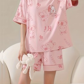 Resim Kadınlar İçin Sevimli Karikatür Ayı Pijama Takımı - Pembe Kısa Kollu Üst & Şort, Yumuşak Polyester Karışımı, Makinede Yıkanabilir Ev Giyimi, Bayan Pijama Setleri 
