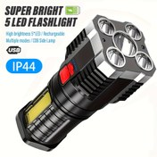 Resim LiHangStar Süper Parlak El Feneri, USB Şarj Edilebilir, 5 LED, COB Yan Işık, 4 Mod, Ayarlanabilir Parlaklık, Buton Tipi, Çıkarılabilir Plastik Bağlantı Parçası, Şarj Edilebilir Pil ve USB Şarj Aksesuarı ile 