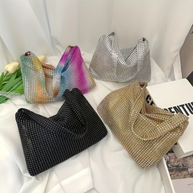 Resim Kadınlar için yeni Kore tarzı moda koltuk altı çantası, renkli taşlı tutma çantası, parlayan elmas akşam çantası, partiler için uygundur. Görünüşte güzel ancak telefon, cüzdan, araba anahtarları, makyaj ayna ve kozmetikleri tutmak için yeterli alanıyla pratik. Durum: Şık akşam çantası, özel etkinlikler için ideal bir seçimdir. 