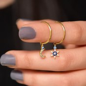Resim Papatya Silver 925 Ayar Gümüş Gold Kaplama Mineli Gözlü Ay Ve Yıldız Halka Küpe 