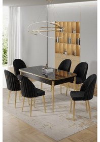 Resim Canisa Rada Serisi 80x132 Açılabilir Lak Panel Siyah Mermer Desen Masa 6 Siyah Sandalye Gold Detay Masa Siyah Mermer Desen Sandalye Siyah Gold Ayak 