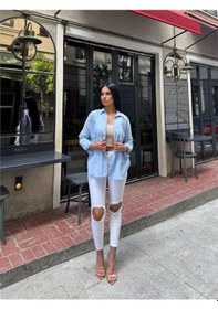 Resim Mavi Cepli Oversize Viskon Gömlek Mavi 