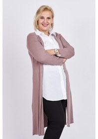 Resim Büşra Triko Kadın Önü Açık Yırtmaç Detaylı Uzun Hırka 3997259 Pud Pudra 