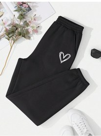 Resim Kalp Logo Eşofman Altı Jogger - Siyah Baskılı Lastik Paça Yüksek Bel Siyah 