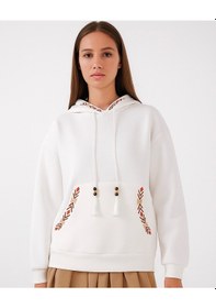 Resim Bigdart Kadın Kapşonlu Şardonlu Nakışlı Üç İplik Beyaz Kadın Sweatshirt Beyaz 