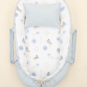 Resim Babynest ve Yastık - Çift Taraflı - Bebe Mavi Muslin - Mavi Güneş 