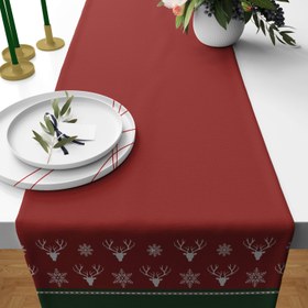 Resim Geyikli ve Kar Taneli / Kırmızı Yılbaşı Temalı Runner Örtü 