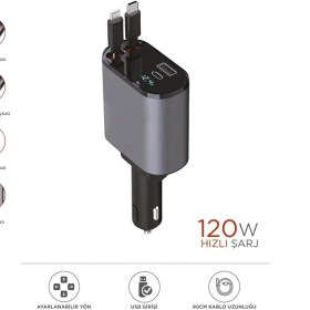 Resim Trm G16 120W Süper Hızlı Şarjlı Bluetooth Transmitter Araç Şarj Cihazı Type-C Iphone Kablolu 