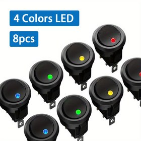Resim 8 Adet 12V AÇMA/KAPAMA Yuvarlak Anahtarlar Çok Renkli LED Göstergeleriyle (Mavi, Kırmızı, Yeşil, Sarı) - Pirinç Temaslı SPDT Takma Tasarımı Otomotiv, Araba ve Kamyon Elektrik Sistemleri İçin 