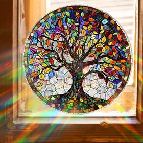 Resim Bir Canlı Yaşam Ağacı Renkli Cam Decal - Yeniden Kullanılabilir, Statik Yapışkan Pencere Sticker - ve Güneşe Dayanıklı Ev Dekorasyonu, Pencereler, Kapılar vb. için Uygun - Renkli Bahar Atmosferi, Ev Dekor Sticker | Canlı Ağaç Statik Film Sticker 