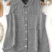 Resim Kadınlar İçin Şık Çizgili Düğmeli Kolsuz Gömlek - Siyah & Beyaz Dikey Çizgiler, Polyester Karışımı, Yaka Tasarımı, Makinede Yıkanabilir, Her Mevs!mde Günlük Giyim, Bayan Bluzları 