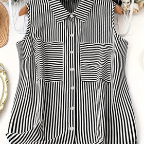 Resim Kadınlar İçin Şık Çizgili Düğmeli Kolsuz Gömlek - Siyah & Beyaz Dikey Çizgiler, Polyester Karışımı, Yaka Tasarımı, Makinede Yıkanabilir, Her Mevs!mde Günlük Giyim, Bayan Bluzları 
