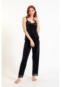Resim Pemilo Kadın 13402-1 Dantelli Sabahlık Kadife Pijama Takım SİYAH-Siyah 